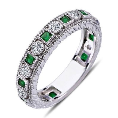 Diamant Prenses Smaragd rundum Memoire Eternity Ring Anniversary in 14 Karat Weißgold