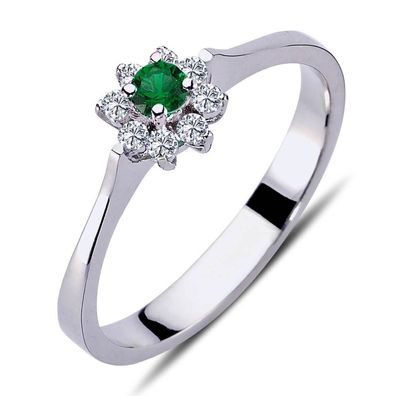 Diamant Smaragd Blume Ring Diamantring Smaragdring Damenring in 14 Karat Weißgold