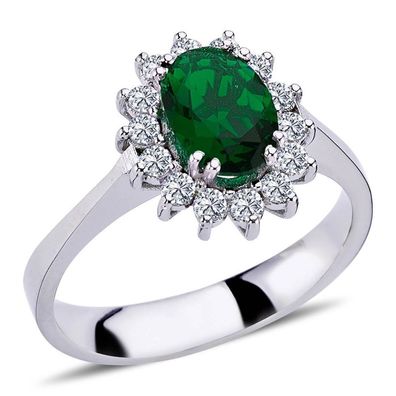 Vintage Style Diamant Smaragd Entourage Ring Damenring in 14 Karat Weißgold