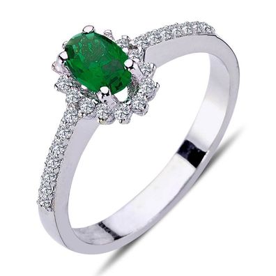 Vintage Style Diamant Smaragd Entourage Ring Damenring in 14 Karat Weißgold