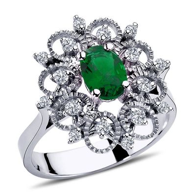 Vintage Style Diamant Smaragd Ring ?n 14 Karat Weißgold