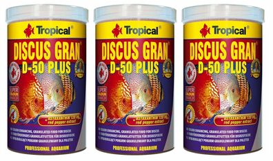 3x Tropical Discus Gran D-50 Plus - farbförderndes Fischfutter Granulat 1000ml