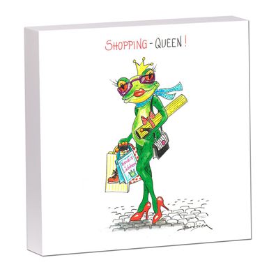 Bild Frosch Shopping Queen | Kunstdruck auf Holz | Wandbild Druck | 20x20cm
