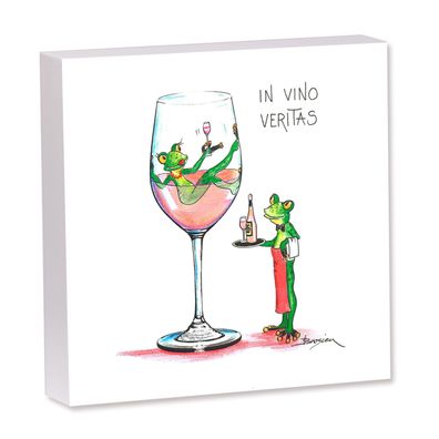 Bild Frosch Wein In Vino Veritas | Kunstdruck auf Holz | Wandbild Druck | 20cm