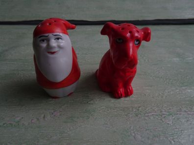 ALT : Weihnachtsmann & Hund Keramikporzellan Korkenverschluss Salz & Pfeffer Streuer
