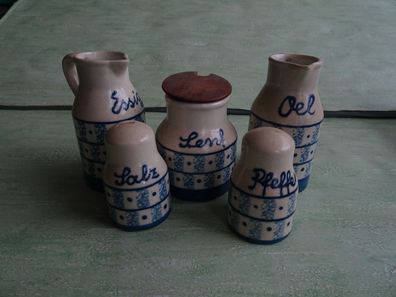 ALT : Menage Keramikporzellan creme blau Salz Pfeffer Senf Essig Öl