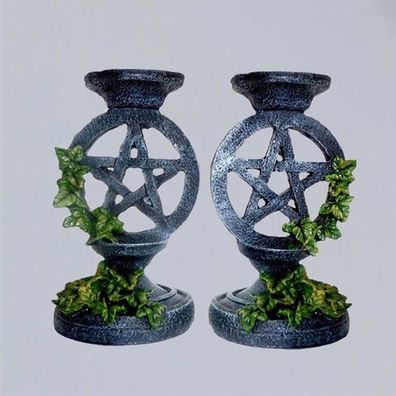 2er Set Kerzenständer Pentagramm EFEU Polyresin H: 14 cm