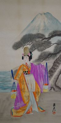 Antikes Japanisches Rollbild Kakejiku Schonheit im Kimono Japan Scroll 3530