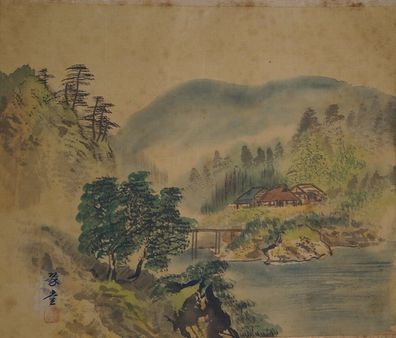 Antikes Japanisches Rollbild Kakejiku Landschaft Japan Scroll 3582