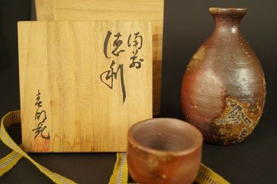 Japanische Sake Flasche Tokkuri Schale Guinomi Bizen Keramik Bottle Cup 4936