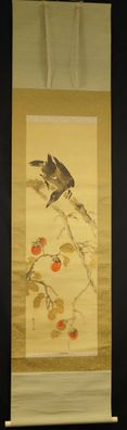 Krähe und Kaki Japanisches Rollbild Kakejiku Kakemono Japan Hanging Scroll 6046