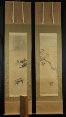 2er Set Vogel und Mond Japanisches Rollbild Kakejiku Kakemono Hanging Scrol 5921
