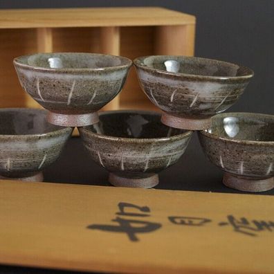 5er Set handgetöpferte japanische Sake-Schalen von Morioka Kisaragi Guinomi 6063