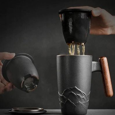 Nordthal Keramiktasse Kaffeetasse Teetasse Tasse mit Teesieb Holzgriff schwarz