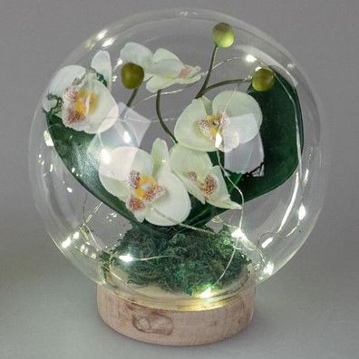 Formano Deko LED Licht mit Orchidee in Glaskugel mit Holz Sockel NEU