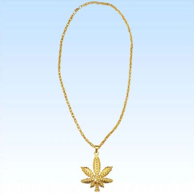 Goldene Halskette mit Anhänger Hanfblatt Modeschmuck 70er Jahre Hanf Marihuana