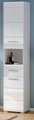 Badezimmer Hochschrank "Linus" in weiß Hochglanz Badschrank mit Schublade 30 x 182 cm