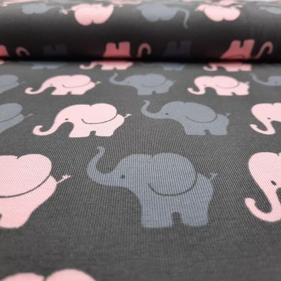 Jersey Kinderstoff "Elefantenparade" rosa/ grau