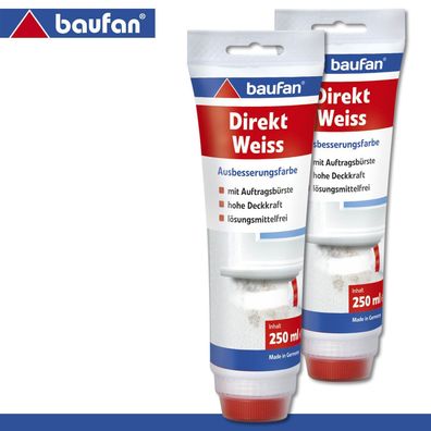 Baufan 2 x 250 ml Direkt Weiss Ausbesserungsfarbe mit Auftragsbürste