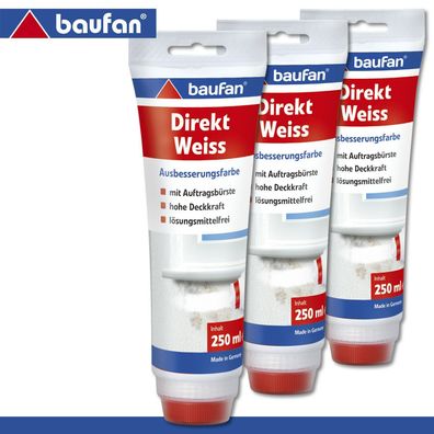 Baufan 3 x 250 ml Direkt Weiss Ausbesserungsfarbe mit Auftragsbürste
