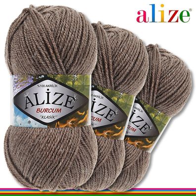 Alize 3 x 100 g Burcum Klassik Wolle 100% Acryl |Kaffee Melange 239| Klasik
