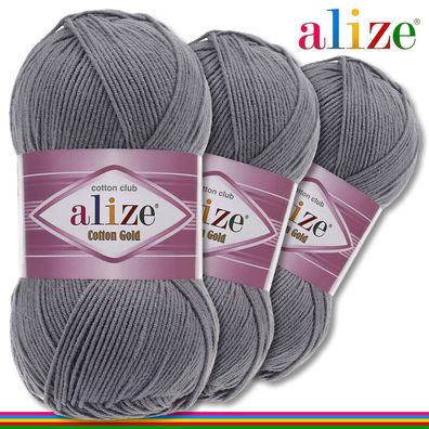 Alize 3 x 100 g Cotton Gold Premium Wolle Baumwolle - Acryl | Dunkelgrau 87 |