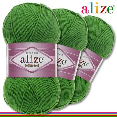 Alize 3 x 100 g Cotton Gold Premium Wolle Baumwolle - Acryl | Grasgrün 126 |