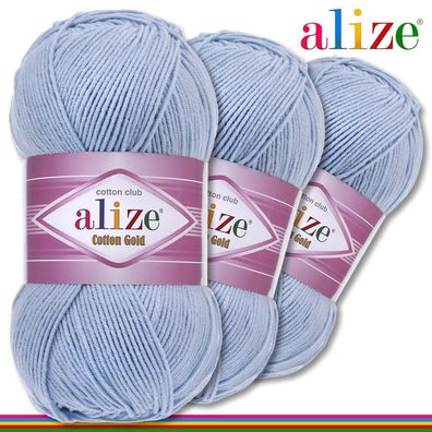 Alize 3 x 100 g Cotton Gold Premium Wolle Baumwolle - Acryl | Hellblau 40 |
