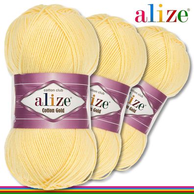 Alize 3 x 100 g Cotton Gold Premium Wolle Baumwolle - Acryl | Hellgelb 187 |