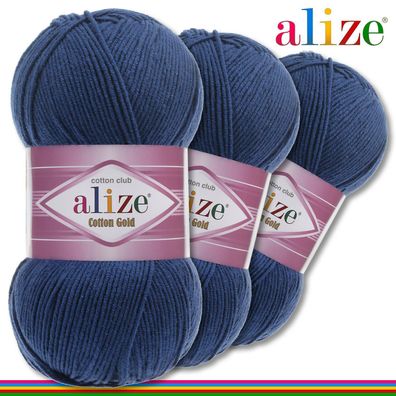 Alize 3 x 100 g Cotton Gold Premium Wolle Baumwolle - Acryl | Nachtblau 279 |