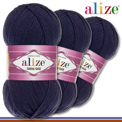 Alize 3 x 100 g Cotton Gold Premium Wolle Baumwolle - Acryl | Navyblau 58 |