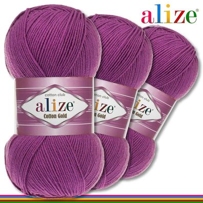 Alize 3 x 100 g Cotton Gold Premium Wolle Baumwolle - Acryl | Pflaume 122 |
