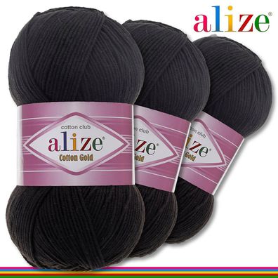 Alize 3 x 100 g Cotton Gold Premium Wolle Baumwolle - Acryl | Schwarz 60 |