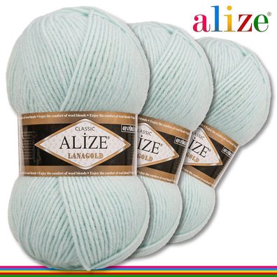 Alize 3 x 100 g Lanagold Premium Wolle 49% Wolle 51% Acryl |Mint 522| Handarbeit