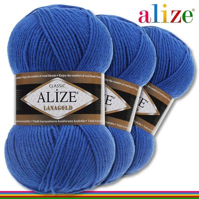Alize 3 x 100 g Lanagold Premium Wolle 49% Wolle 51% Acryl| Königsblau 141 |