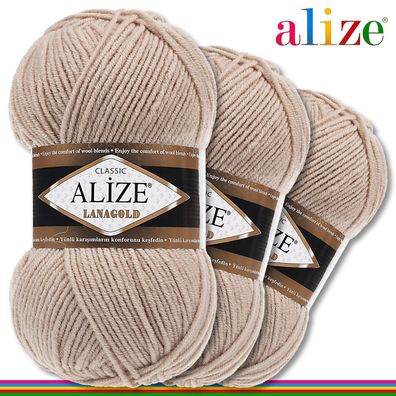 Alize 3 x 100 g Lanagold Premium Wolle 49%-Wolle 51% Acryl |Beige 05|Handarbeit