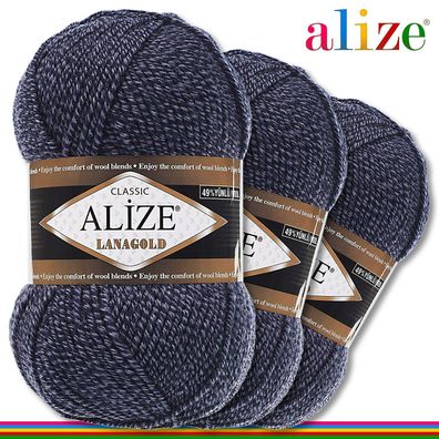 Alize 3 x 100 g Lanagold Premium Wolle 49%Wolle-51%Acryl | Blau-Grau 901 |