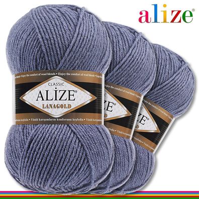 Alize 3 x 100 g Lanagold Premium Wolle 49%Wolle-51%Acryl | Denim Melange 203 |