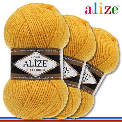 Alize 3 x 100 g Lanagold Premium Wolle 49%Wolle-51%Acryl | Gelb 216 |Handarbeit