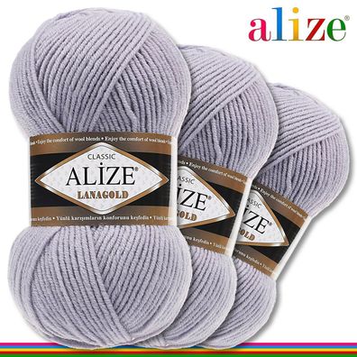 Alize 3 x 100 g Lanagold Premium Wolle 49%Wolle-51%Acryl | Grau 200 |Handarbeit
