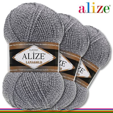 Alize 3 x 100 g Lanagold Premium Wolle 49%Wolle-51%Acryl | Grau-Beige 651 |