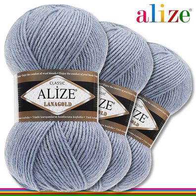 Alize 3 x 100 g Lanagold Premium Wolle 49%Wolle-51%Acryl | Hellblau Melange 221|
