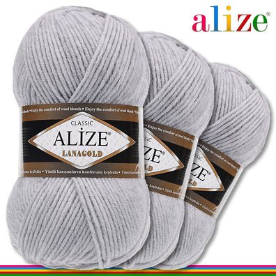 Alize 3 x 100 g Lanagold Premium Wolle 49%Wolle-51%Acryl | Hellgrau Melange 684|