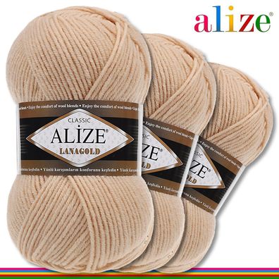 Alize 3 x 100 g Lanagold Premium Wolle 49%Wolle-51%Acryl | Honig 680 |Handarbeit