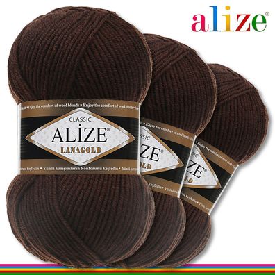 Alize 3 x 100 g Lanagold Premium Wolle 49%Wolle-51%Acryl | Kaffee 26 |Handarbeit