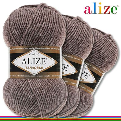 Alize 3 x 100 g Lanagold Premium Wolle 49%Wolle-51%Acryl | Kaffee Melange 240 |