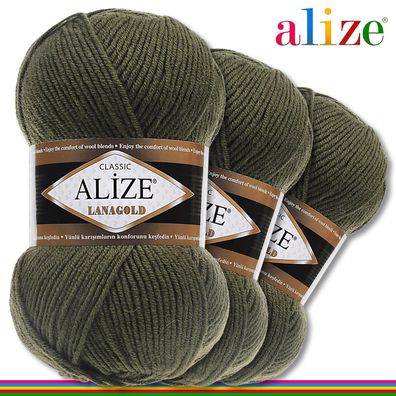 Alize 3 x 100 g Lanagold Premium Wolle 49%Wolle-51%Acryl | Khaki 29 |Handarbeit