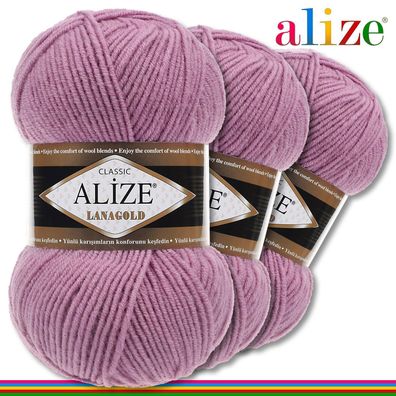Alize 3 x 100 g Lanagold Premium Wolle 49%Wolle-51%Acryl | Rose 28 | Handarbeit