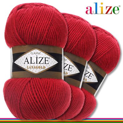 Alize 3 x 100 g Lanagold Premium Wolle 49%Wolle-51%Acryl | Rot 56 |Handarbeit