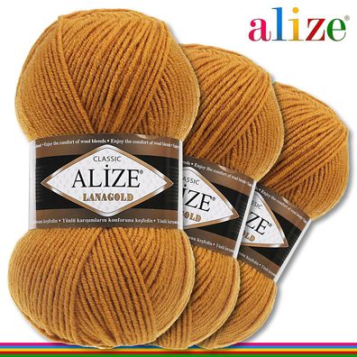 Alize 3 x 100 g Lanagold Premium Wolle 49%Wolle-51%Acryl | Senf 645 |Handarbeit